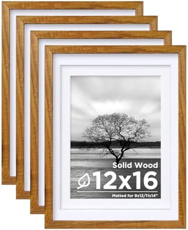 Egofine 12x16 Picture Frames Set of 4, Made of Solid Wood Covered by Plexiglass 9x12 and 11x14 with Mat or 12x16 without Mat, for Wall Mounting Photo Frame, Teak Wood by Egofine