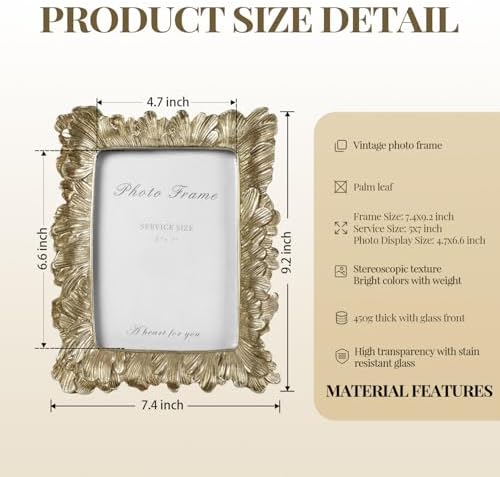 Cuspin 5x7 Picture Frame Gold Vintage Palm Leaf Textured Resin Frame - Image 5