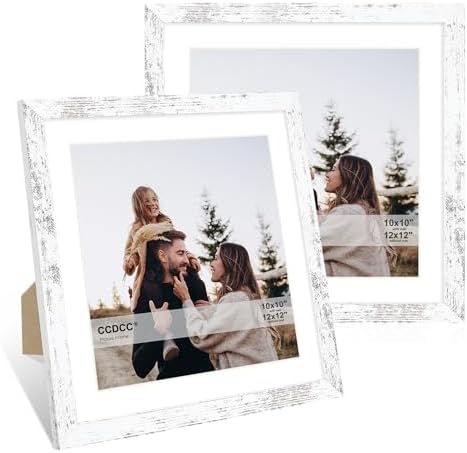 12x12 Picture Frame Set of 2, 12 x 12 Wood Photo Frames with Mat for 10x10 or 30x30cm Diamond Art Painting, Wooden Frame with Real Glass Cover for Wall and Tabletop Display,Distressed White by CCDCC