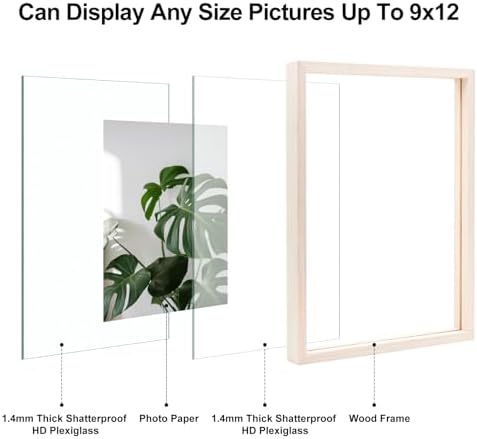 Egofine 9x12 Floating Frames Set of 2, Double Plexiglass Picture Frame, Made of Solid Wood Display Any Size Photo up to 9x12, Wall Mount or Tabletop Standing, Beige - Image 3
