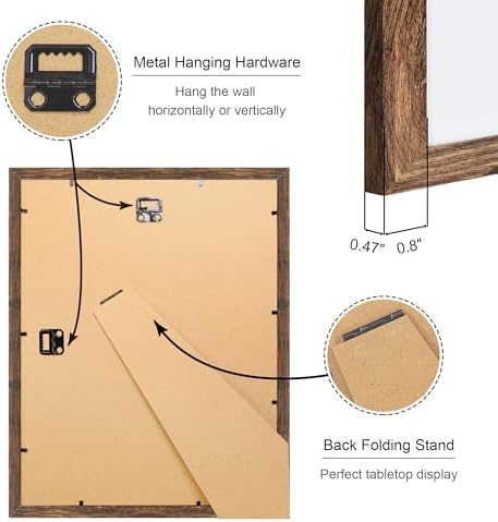 11x14 Picture Frame Set of 2, 11 x 14 Wood Photo Frames with Mat for 8x10, Natural Wooden Frame with Real Glass Cover for Wall and Tabletop Display,Rustic Brown - Image 4