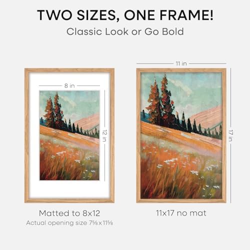 Homeforia 11x17 Natural Oak Picture Frame, High-End Wood, 8x12 Mat, Glass - Image 2