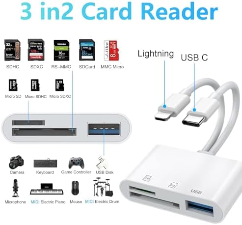 SD Card Reader for iPhone iPad Mac, Lightning & USB-C Dual Connectors Memory Card Reader with SD/Micro SD/USB-A 3 Slots, Digital Camera Adapter to iPhone, Plug & Play - Image 2