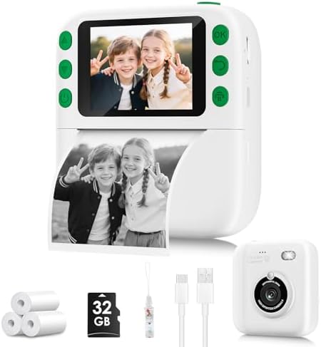 Instant Print Camera for Kids, Christmas Birthday Gifts for Girls Boys, 1080P Instant Digital Print Cameras for Toddler,Portable Toy for 4 5 6 7 8 9 10 Year Old Girl with 32GB SD Card，White by Yusuuo