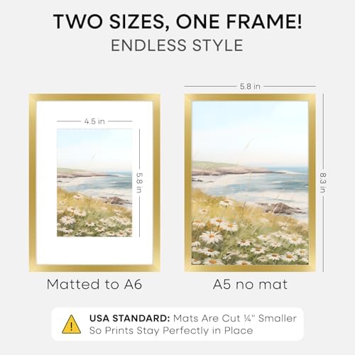 Homeforia A5 Gold Picture Frame, High-End Metal, A6 Mat, Glass - Image 2