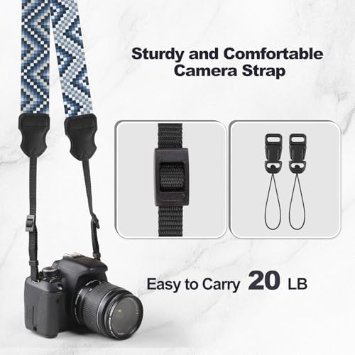 Universal Camera Strap - Camera Neck Strap, Adjustable Shoulder Straps Compatible with Canon, Fujifilm, Nikon, Olympus, Panasonic and other SLR and mirrorless cameras - Blue White Gquares - Image 6