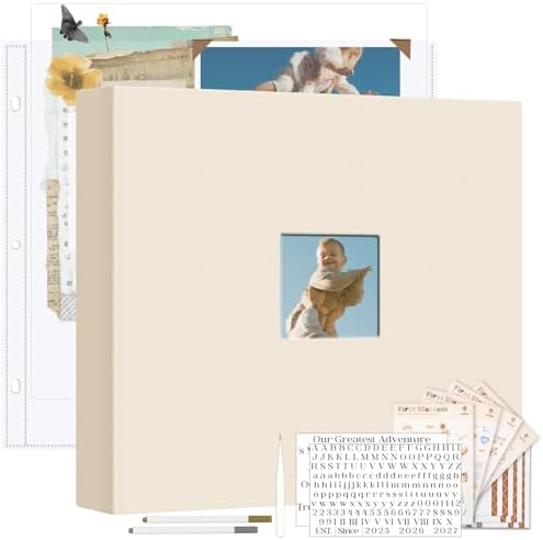 Vienrose Linen Scrapbook Photo Album Kit, Large 3 Ring Binder Scrapbook with 30 Plastic Sleeves, 15x13 Inch DIY Memory Book for Wedding, Baby Shower, Family & Kids Keepsake Gift, Beige by Vienrose