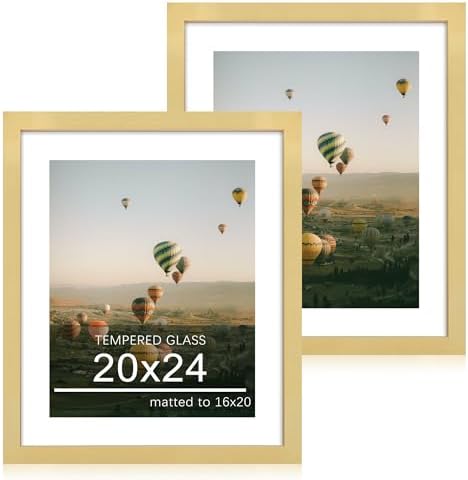 20x24 Picture Frame Set of 2, 20 x 24 Wood Poster Frames with Mat for 16x20, Wooden Photo Frames with Tempered Glass Cover for Wall Display, Gold by CCDCC