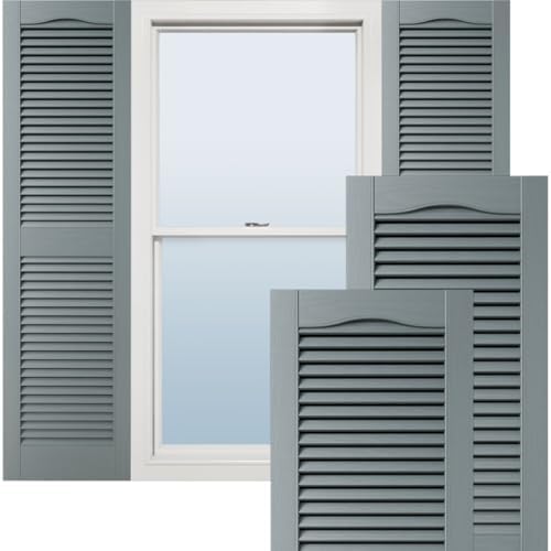 14 1/2"W x 31"H Lifetime Vinyl, Standard Cathedral Top Center Mullion, Open Louver Shutters, w/Installation Shutter-Lok's & Matching Screws (Per Pair), Storm Cloud by EkenaMillwork