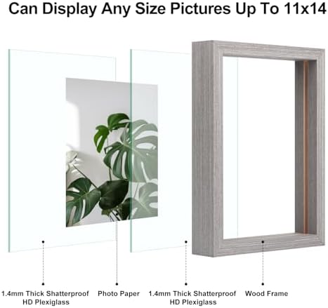 Egofine 11x14 Floating Frames Set of 2, Double Plexiglass Picture Frame, Made of Solid Wood Display Any Size Photo up to 11x14, Wall Mount or Tabletop Standing, Light Grey - Image 3