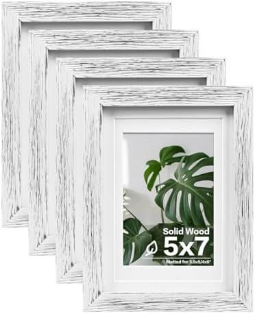 Egofine 5x7 Picture Frames Set of 4, Made of Solid Wood Covered by Plexiglass 3.5x5 and 4x6 with Mat or 5x7 without Mat, for Table Top Display and Wall Mounting Photo Frame Driftwood White by Egofine