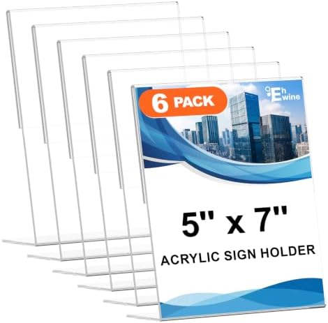 EHWINE 6 Pack 5 x 7 Acrylic Sign Holder, Clear Plastic Signs Display Stand, Vertical Slanted Back Paper Holder Stand up Table Top Sign Holders Flyer Stand Frames Suitable for Office Business Store by EHWINE