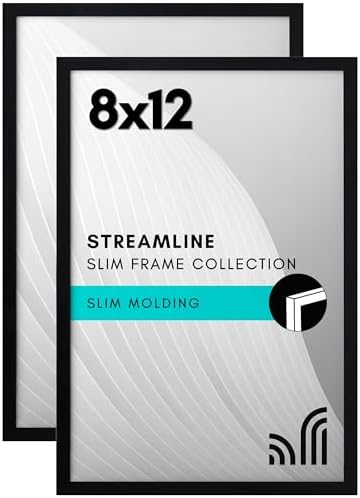 Americanflat 8x12 Picture Frame with Shatter-Resistant Glass - Set of 2 - Streamline Collection - Thin Border Photo Frame for Tabletop and Wall - Hanging Hardware and Easel Stand Included - Black by Americanflat
