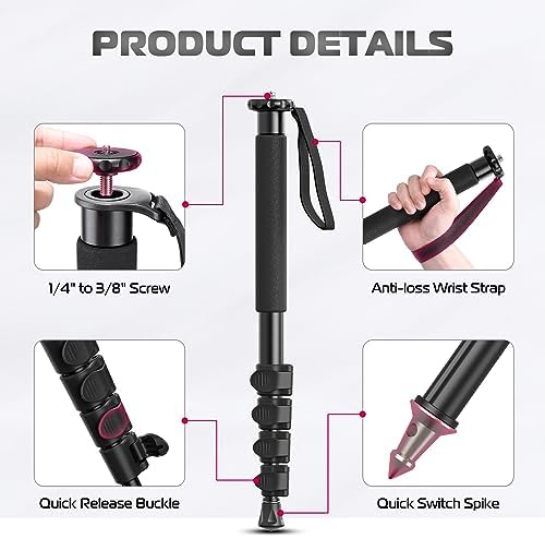 ULANZI TB12 Camera Monopod, 61" Aluminum Photography Monopod with 5-Section Height, Lightweight & Portable Camera Accessories, for Cameras Canon, Nikon & Sony Mirrorless & DSLR, Easy to Carry - Image 2