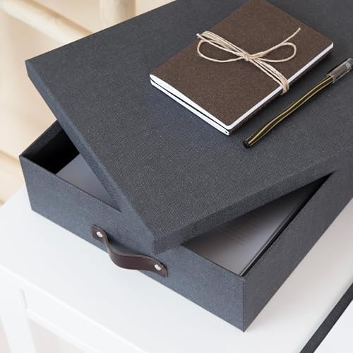 Bigso Oskar Canvas Fiberboard Document Letter Box for Important Paperwork A4 or Letter Size - Durable Keepsake Box with Lid and Leather Handle - 3.3in x 10.2in x 13.8in - Black - Image 6
