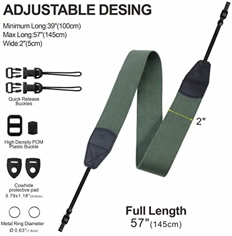 Padwa Lifestyle Dark Green Camera Strap - 2" Wide Cotton Woven Genuine Leather Head Camera Straps,Complimentary 2 Pcs Quick Release Clips for All DSLR/SLR Cameras, Binoculars and Drone Remote Control - Image 6