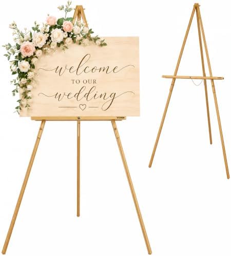 VISWIN Upgraded 63" Gold Wooden Easel Stand for Sign, Tripod Easel for Wedding Sign Stand, Welcome Board, Poster, Picture, Canvas Art Easel Floor with Tray for Display & Painting by VISWIN