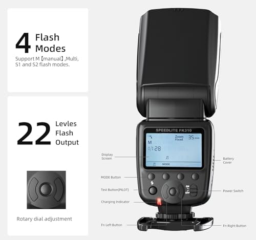 PHOTOOLEX Camera Flash Speedlite FK310, GN33 LCD Display, Manual S1/S2 - Image 5