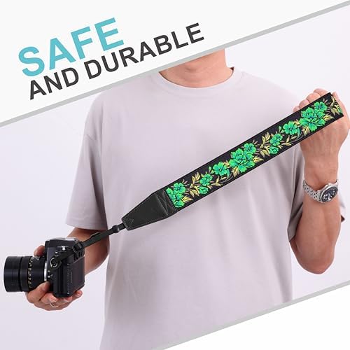 Padwa Lifestyle Green Rose Camera Strap - 2" Full Grain Leather Ends Camera Straps for Photographers, Vintage Embroidered Cotton Soft Suede Fabric Padded Strap Quick Release fits All Cameras - Image 4