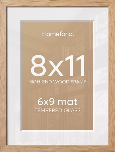 Homeforia 8x11 Natural Oak Picture Frame, High-End Wood, 6x9 Mat, Glass by Homeforia