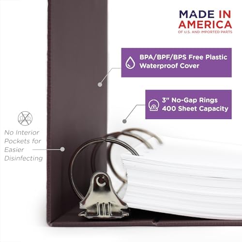 Carstens 3-Inch Heavy Duty 3-Ring Binder - Side Opening, Plum, Durable Plastic, Precision No-Gap Rings, Waterproof Cover, No Pockets, Holds 400 US Letter Sheets, BPA-Free, Made in USA (1711-3R) - Image 2