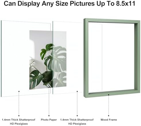 Egofine 8.5x11 Floating Frames Set of 2, Double Plexiglass Picture Frame, Made of Solid Wood Display Any Size Photo up to 8.5x11, Wall Mount or Tabletop Standing, Green - Image 3