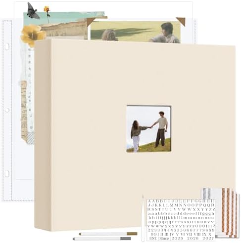 Vienrose Linen Scrapbook Photo Album Kit, Large 3 Ring Binder Scrapbook with 30 Plastic Sleeves, 15x13 Inch DIY Memory Book for Wedding, Anniversary, Family & Kids Keepsake Gift, Beige by Vienrose
