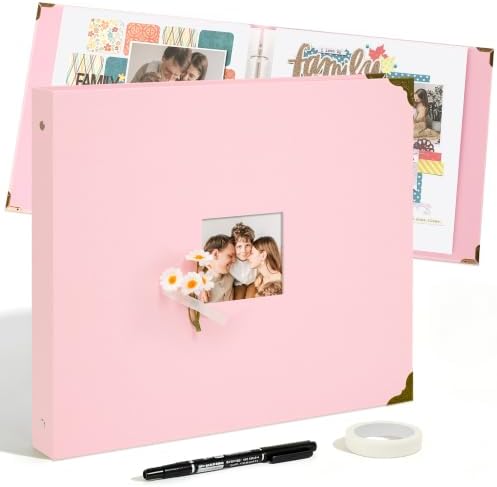 Vienrose Large 3 Ring Scrapbook Album 14.2 x 13 Inch, Textured Paper Cover DIY Photo Album with 40 Plastic Sleeves for Photos Baby Travel Wedding Anniversary Pink by Vienrose