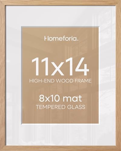 Homeforia 11x14 Natural Oak Picture Frame, High-End Wood, 8x10 Mat, Glass by Homeforia