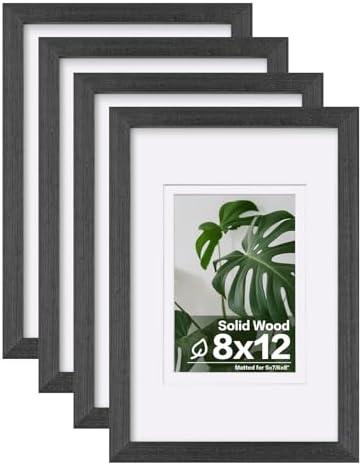 Egofine 8x12 Picture Frames Set of 4, Made of Solid Wood Covered by Plexiglass 5x7 and 6x8 with Mat or 8x12 without Mat, for Table Top Display and Wall Mounting Photo Frame Rustic Black by Egofine