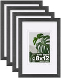 Egofine 8x12 Picture Frames Set of 4, Made of Solid Wood Covered by Plexiglass 5x7 and 6x8 with Mat or 8x12 without Mat, for Table Top Display and Wall Mounting Photo Frame Rustic Black by Egofine