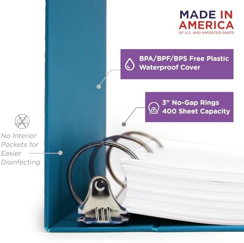 Carstens 3-Inch Heavy Duty 3-Ring Binder - Side Opening, Pool Blue, Durable Plastic, Precision No-Gap Rings, Waterproof Cover, No Pockets, Holds 400 US Letter Sheets, BPA-Free, Made in USA (1700-3R) - Image 3