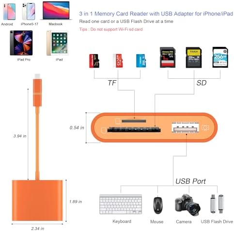 SD Card Reader for iPhone, Memory Card Reader with USB-C to Light-ning Adapter Plug and Play Trail Game Camera Micro SD Card Viewer Support SD/TF Card and USB for iPad No App Required (Orange) - Image 2