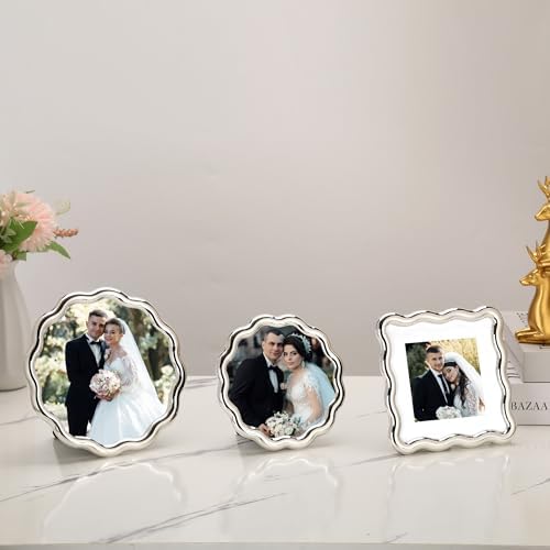 High-End Silver 5x5'' Round Zinc Alloy Picture Frames,Unique Wave Design,Heavy Weight Photo Frame with Premium Soft Velvet & Backing for Tabletop or Home Decor - Image 3