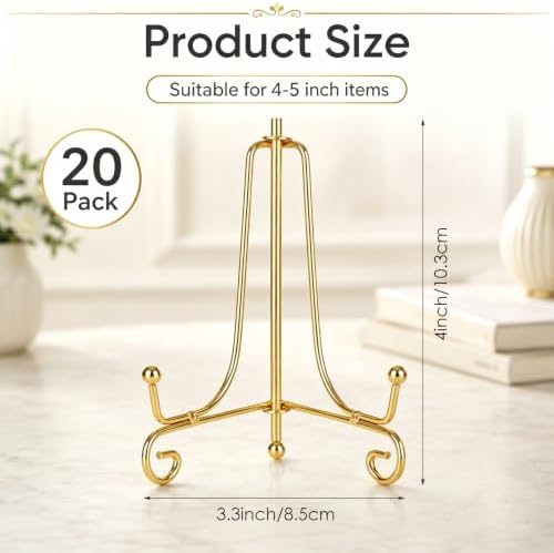 YAYODS 20 Pack Plate Stands for Display 4 Inch Iron Easel Stand Holder, Foldable Plate Picture Holder Display Stand for Photo Frames Decorative Books Arts, Gold - Image 2