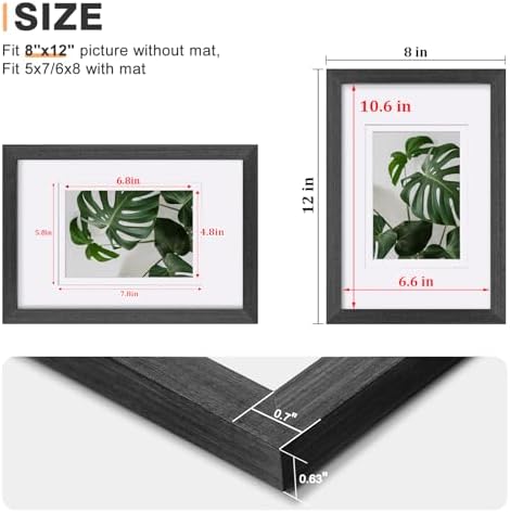 Egofine 8x12 Picture Frames Set of 4, Made of Solid Wood Covered by Plexiglass 5x7 and 6x8 with Mat or 8x12 without Mat, for Table Top Display and Wall Mounting Photo Frame Rustic Black - Image 3