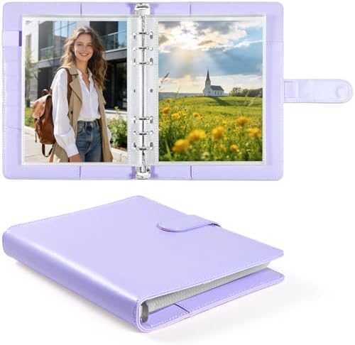 PU Leather A5 Binder, 5x7 Photo Sleeves with 60 Pockets, Secure Top Loading Pages, Refillable Adjustable Album for Keepsakes, Purple by WITHYU