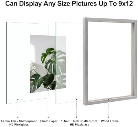 Egofine 9x12 Floating Frames Set of 2, Double Plexiglass Picture Frame, Made of Solid Wood Display Any Size Photo up to 9x12, Wall Mount or Tabletop Standing, Light Grey - Image 3