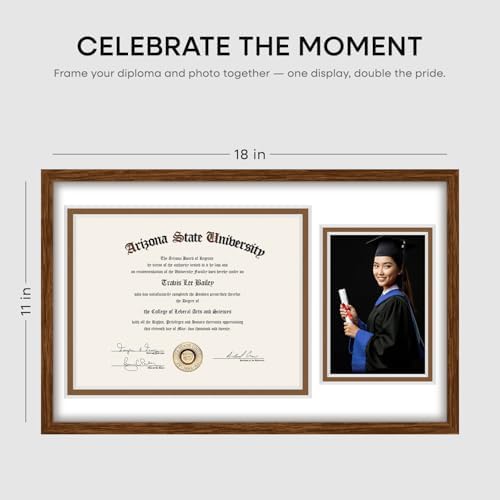 Homeforia 11x18 Brown Oak Diploma Frame, High-End Wood, 8.5x11 & 5x7 Mat - Image 2