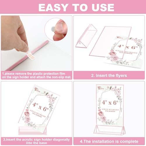EHWINE 12 Pack Acrylic Sign Holder 4 x 6, Double-Sided Stand up Table Top Sign Holders, Pink Acrylic Picture Frame Menu Flyer Paper Holder Display Stand for Office Business Store Wedding Party - Image 5