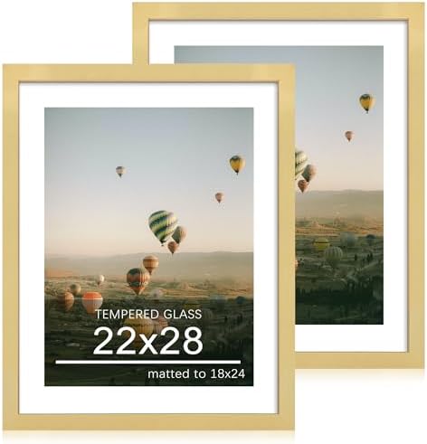 22x28 Picture Frame Set of 2, 22 x 28 Wood Poster Frames with Mat for 18x24, Wooden Photo Frames with Tempered Glass Cover for Wall Display, Gold by CCDCC