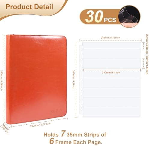 35mm Film Negative Storage Binder Album Kit - 30 Acid-Free Clear Negative Sleeves, PU Leather Storage Binder Case for Camera 135/35mm Film Negatives, Negative Page Preservers, Up to 1260 Frames, Brown - Image 2