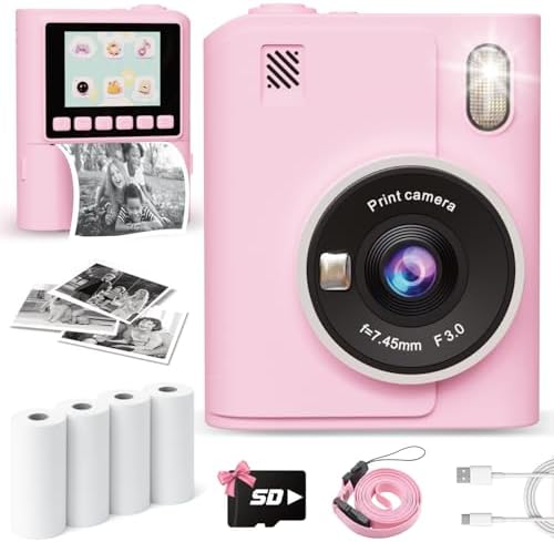 Instant Print Camera for Kids, 1080P Instant Digital Print Cameras for Toddler, Portable Toy for 4 5 6 7 8 9 10 Year Old Girl, Christmas Birthday Gifts for Girls Boys with SD Card Pink by ANBURI