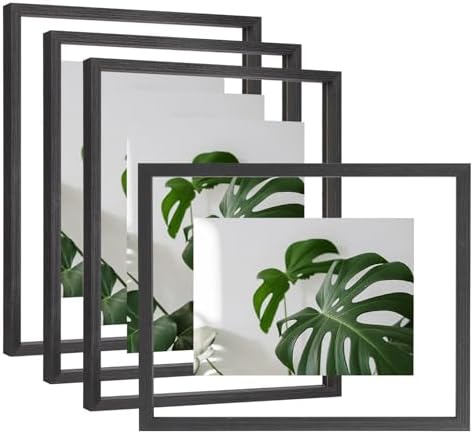 Egofine 11x14 Floating Frames Set of 4, Double Plexiglass Picture Frame, Made of Solid Wood Display Any Size Photo up to 11x14, Wall Mount or Tabletop Standing, Faded Black by Egofine