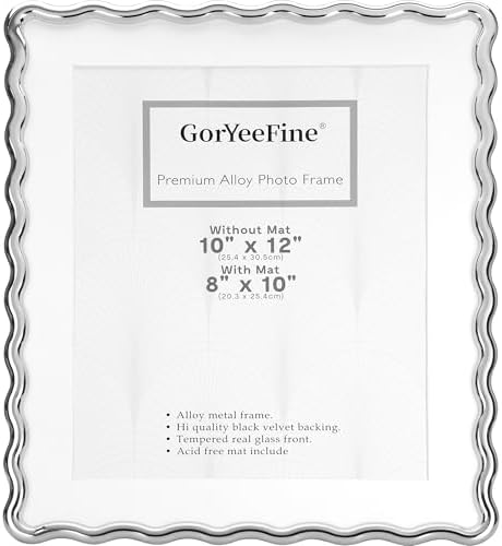 Silver 10x12'' Heavy-Duty Zinc Alloy Picture Frames with Acid Free Mat for 8x10'',Wave Design Silver Picture Frame with Black Premium Velvet Backing,for Desktop and Wall Hanging. by GorYeeFine