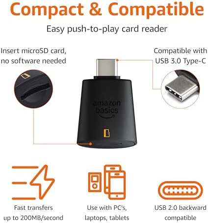 Amazon Basics Micro SD Card Reader USB-C 3.0, High Speed Data Transfer up to 200MB/s, Compatible with Smartphones, Tablets, Laptops - Image 2