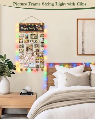 Bikoney Hanging Photo Display with String Lights, Clips & Chalkboard - Image 4