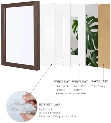 Egofine 12x16 Picture Frames Set of 4, Made of Solid Wood Covered by Plexiglass 9x12 and 11x14 with Mat or 12x16 without Mat, for Wall Mounting Photo Frame Brown - Image 4