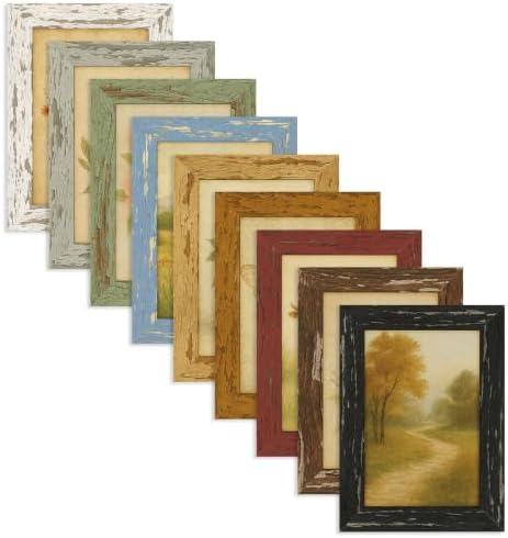 5x7 Rustic Farmhouse Picture Frames with Vintage Prints, Set of 9 by PUTHIAC