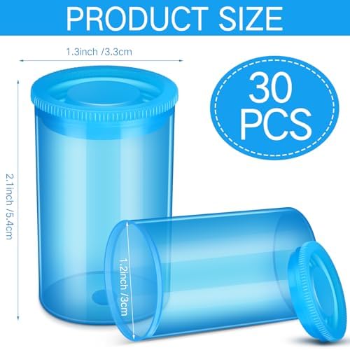 30 Pack Plastic Film Canisters Holder with Lids 35mm Empty Camera Reel Containers Blue Small Storage Bottles for Pills Beads Coins Vitamins Art Supplies Science Experiments Classroom Craft Projects - Image 2